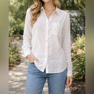 Susan Graver Linen Blend Button Down Shirt White Classic Blouse M NWT